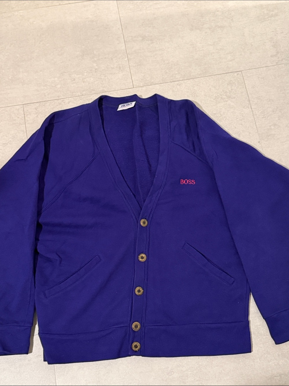 Vintage Boss Deep Purple Button-Front Cardigan with magenta Logo